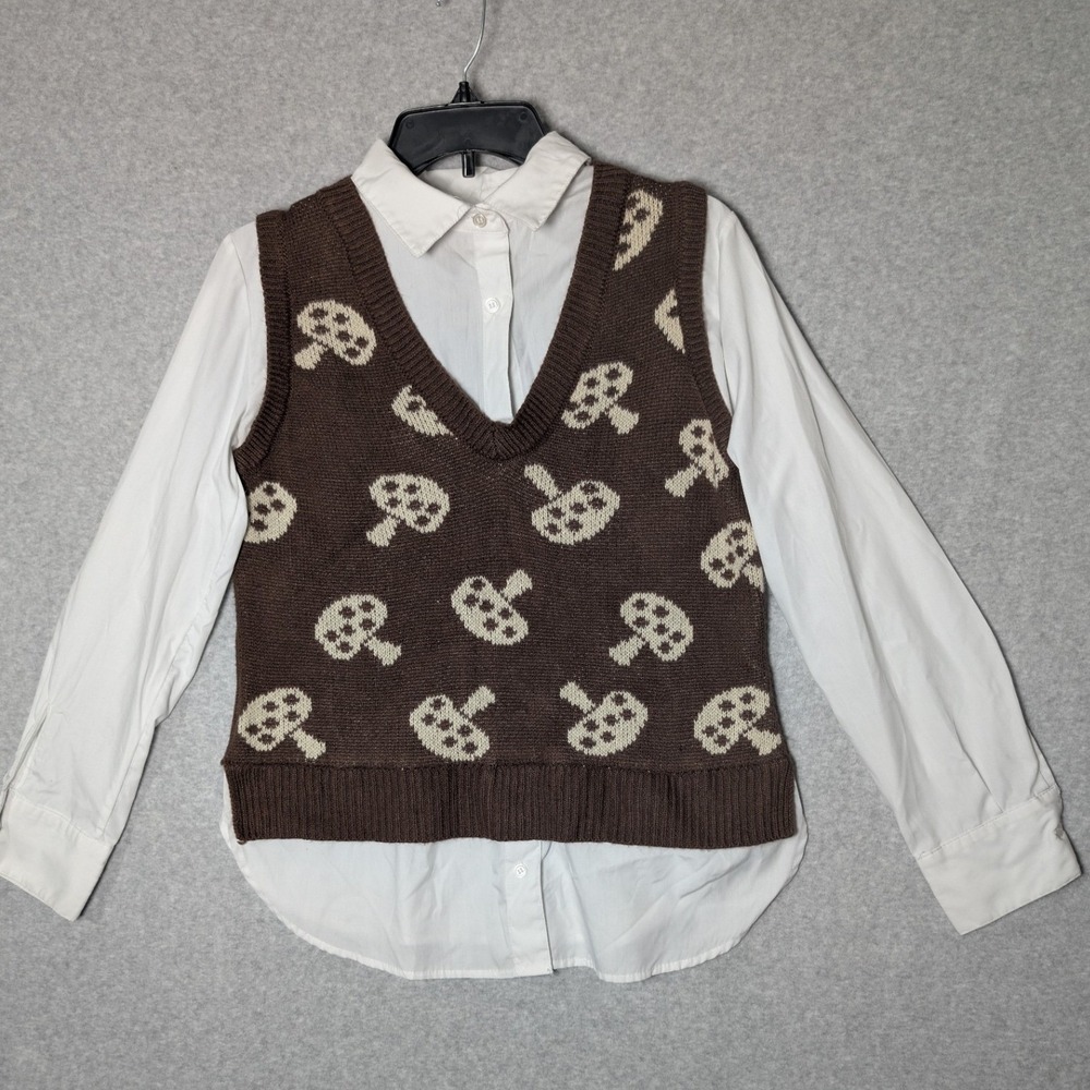 No Boundaries Mushroom 2-Fer Sweater Vest Goblincore Preppy Academia Layered